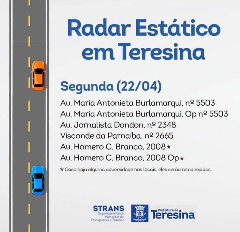 Radares estáticos nesta segunda-feira em Teresina
