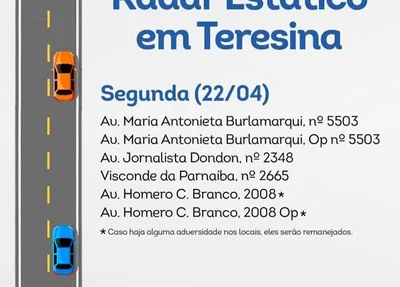 Radares estáticos nesta segunda-feira em Teresina