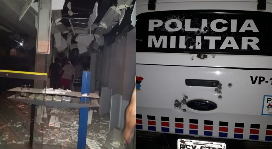 Agência destruída e viatura da PM metralhada