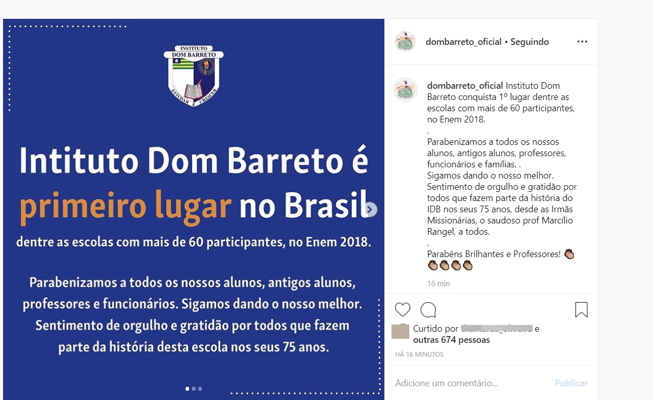 Postagem do Instituto Dom Barreto