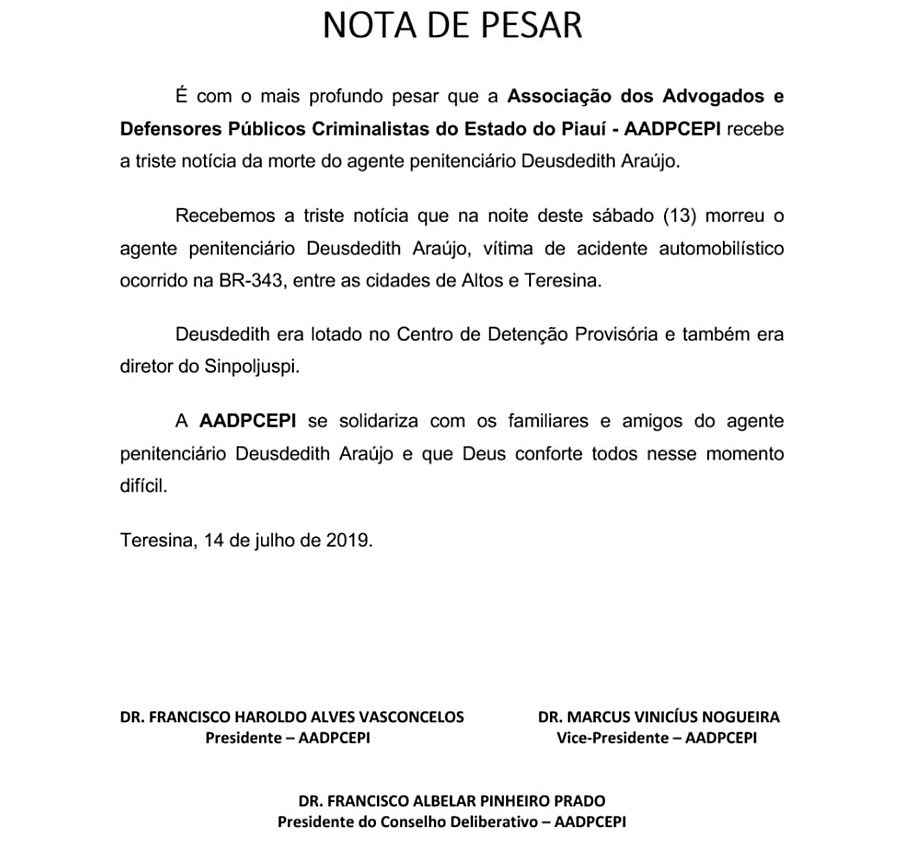 Nota de pesar da AADPCEPI