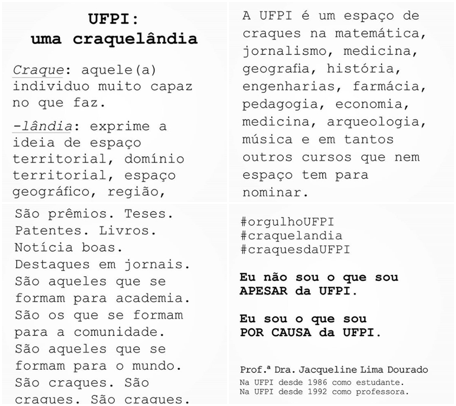 Post da professora Jacqueline Dourado