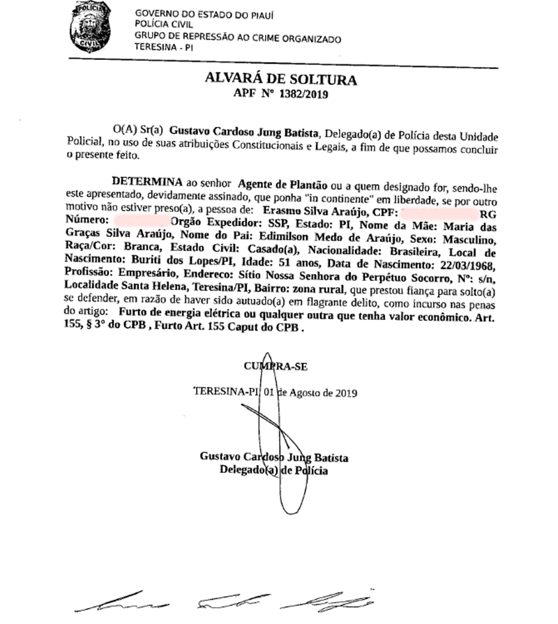 Alvará de soltura de Erasmo Silva