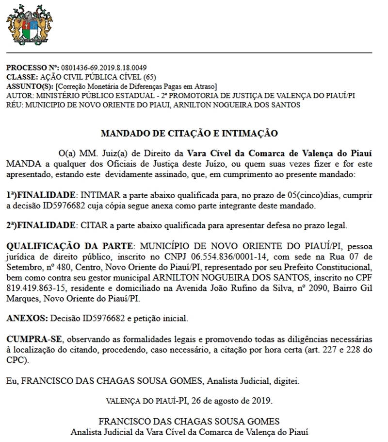 Mandado de intimação contra o prefeito Arnilton Nogueira