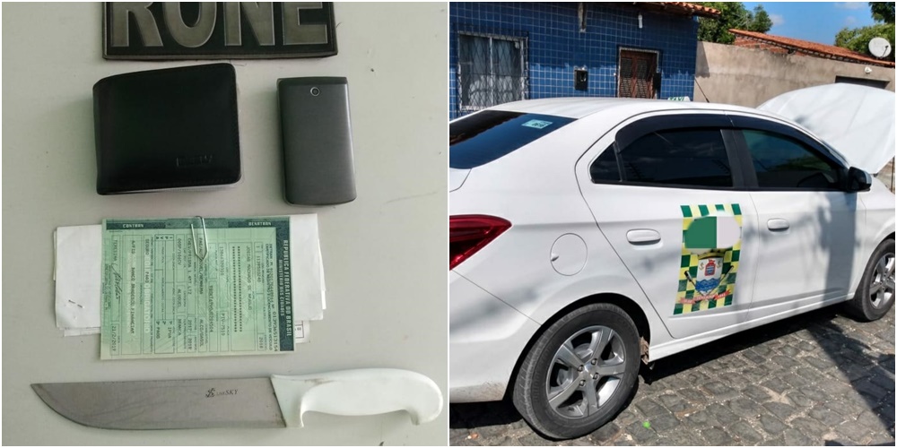 Táxi recuperado pela polícia e arma apreendida com o suspeito