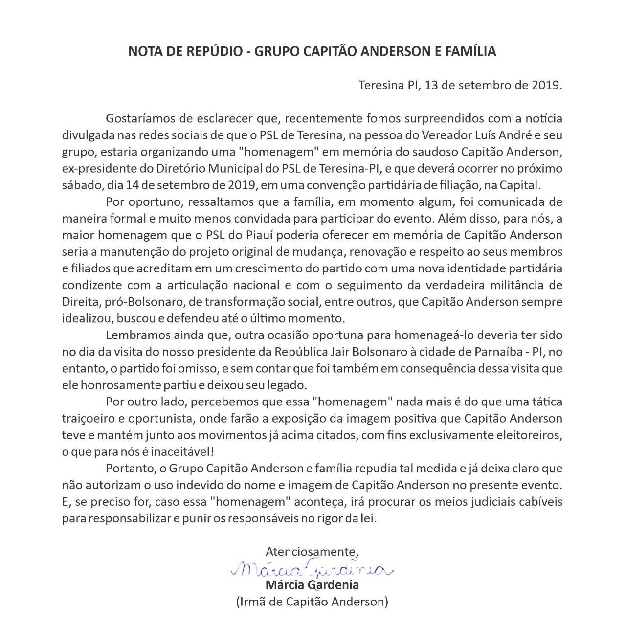 Nota divulgada pela família do capitão Anderson