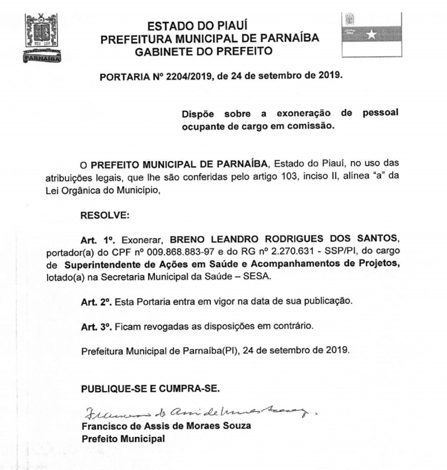 Breno Leandro é exonerado do cargo