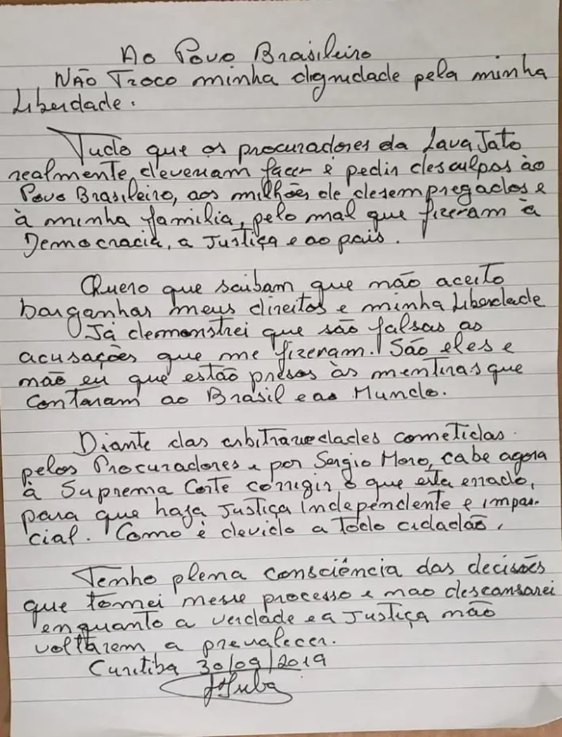Em carta à Lava Jato, Lula diz que não barganha direitos ou liberdade