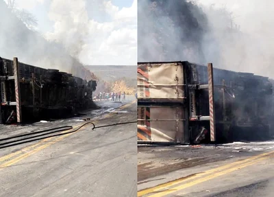 O veículo virou e provocou um incêndio na pista