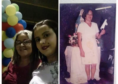 Antônia de Souza e a filha ao lado da foto de Maria José, desaparecida