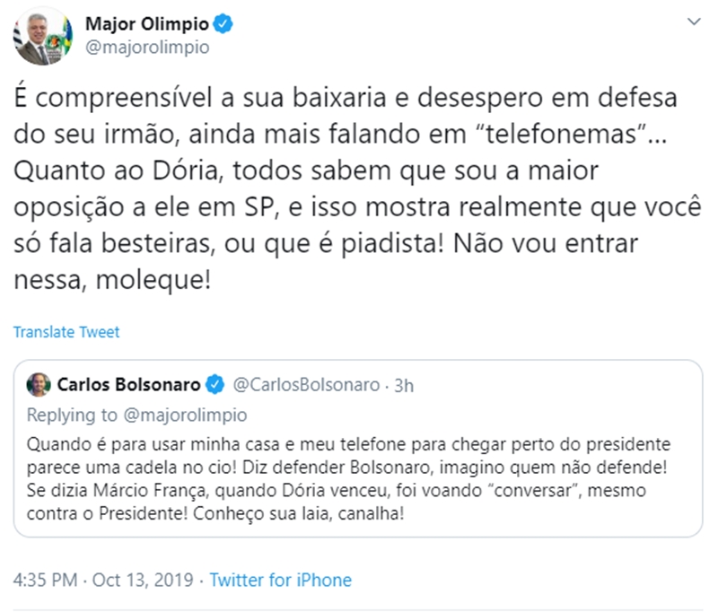 Carlos Bolsonaro e Major Olímpio trocam farpas no Twitter