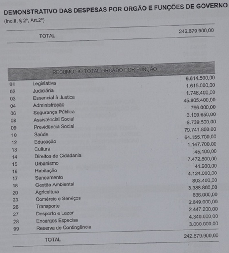 Demonstrativo das despesas por órgão e função de governo