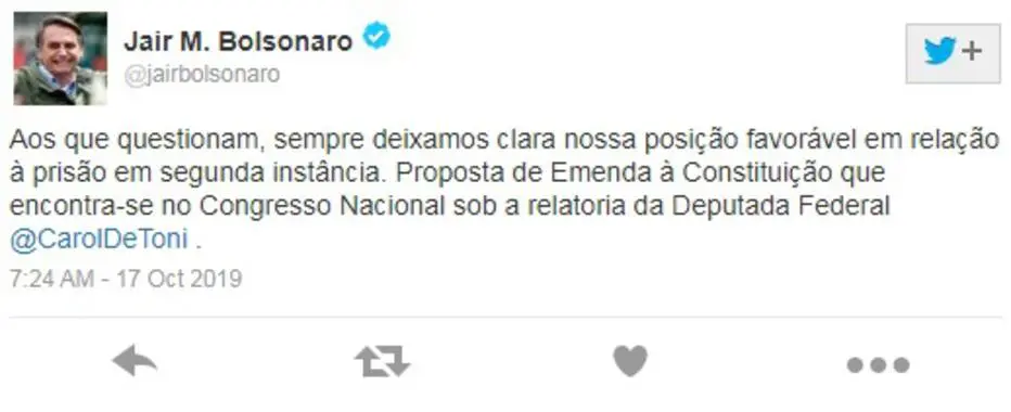 Bolsonaro apaga tuíte sobre apoio a prisão em 2ª instância