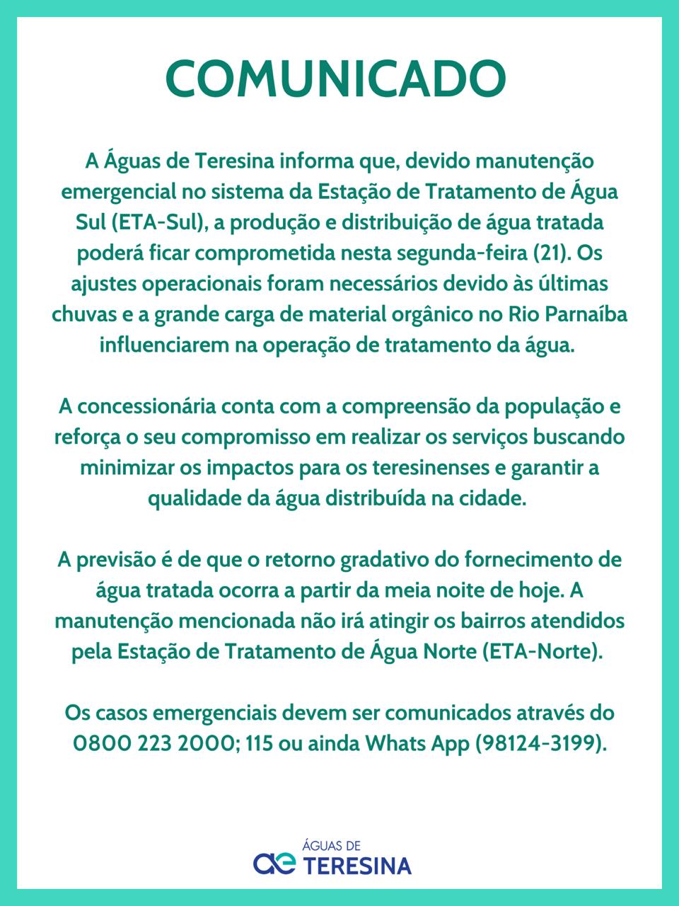 Comunicado sobre falta de água