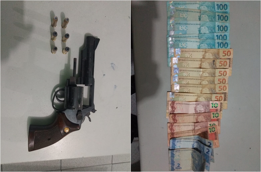 Arma de fogo e dinheiro apreendidos