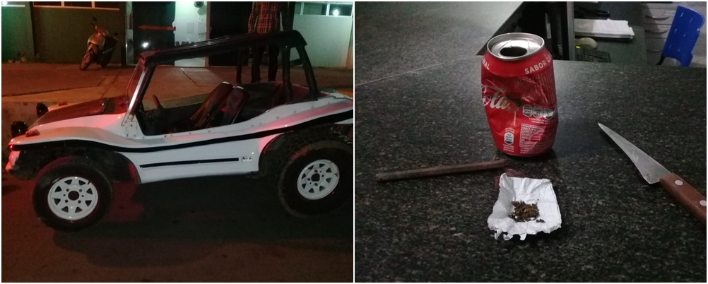 Os suspeitos estavam em um veículo modelo Buggy com uma faca e maconha