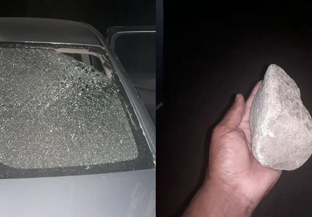 A pedra utilizada pelo suspeito perfurou o vidro traseiro do veículo