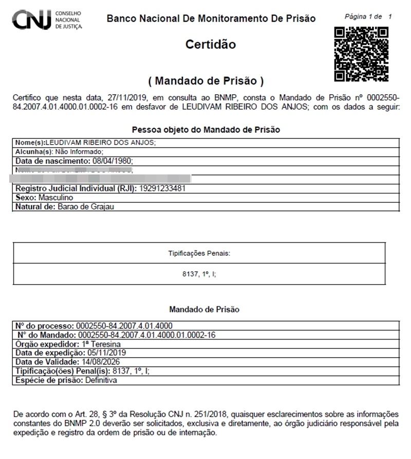 Mandado de prisão de Leudivan Ribeiro