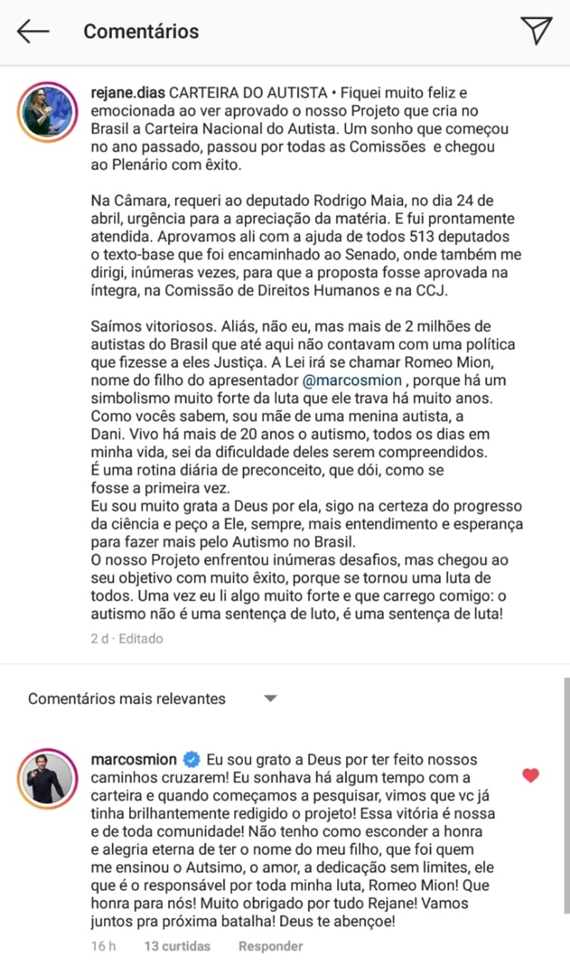 Marcos Mion agradece Rejane Dias por Lei Romeo Mion