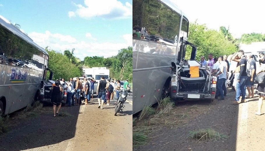 Acidente envolvendo ônibus de viagem e carro 