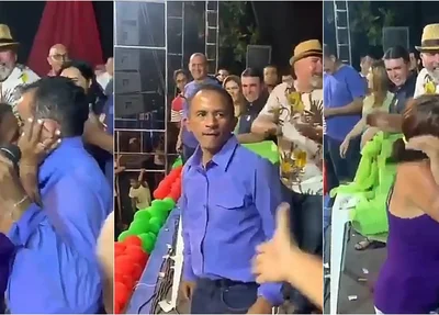 Cantor do hit Caneta Azul é agarrado e beijado em show