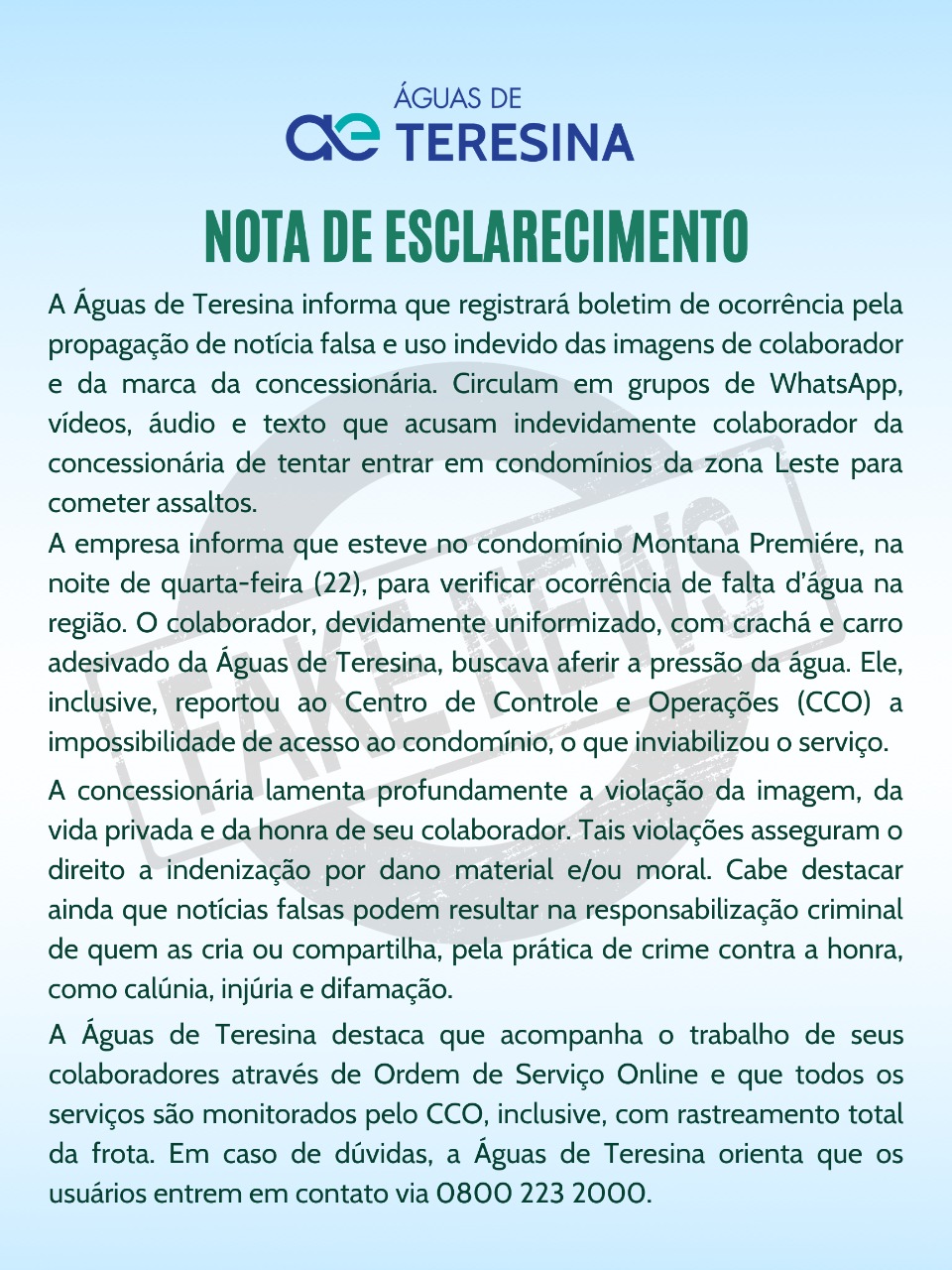 Nota de esclarecimento da empresa Águas de Teresina
