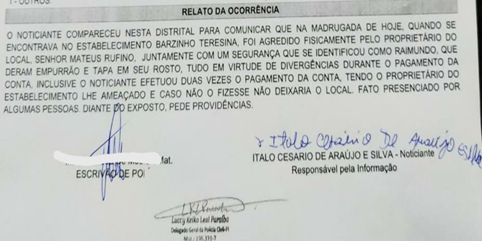 Boletim de ocorrência feito no 12º DP 