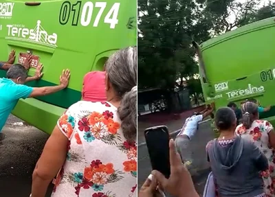 Vídeo mostra passageiros empurrando ônibus quebrado em Teresina