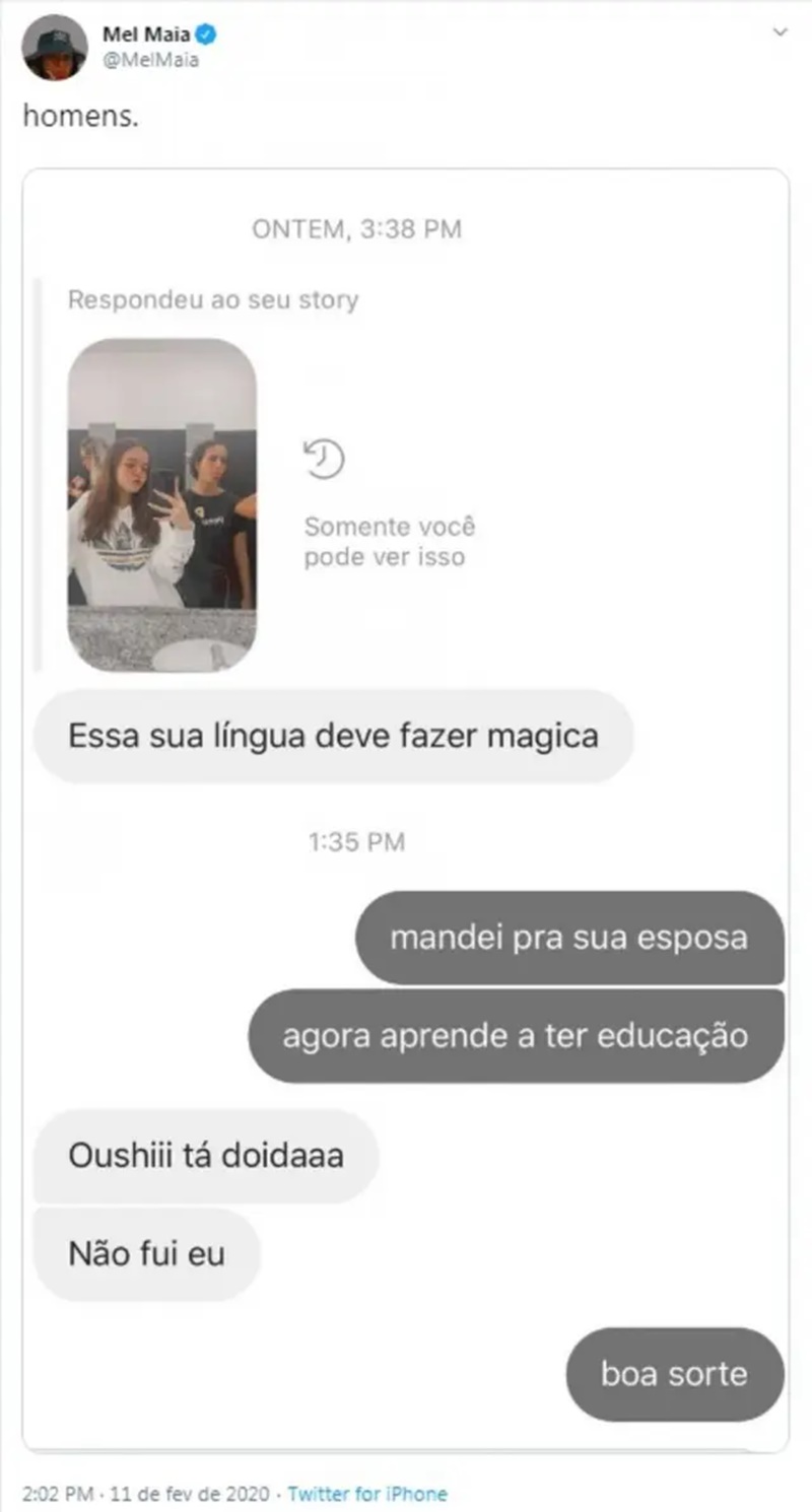 Mensagens que Mel Maia trocou com o homem que a enviou comentário de assédio