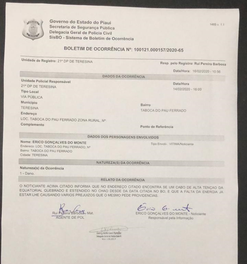 Boletim de Ocorrência contra Equatorial Piauí