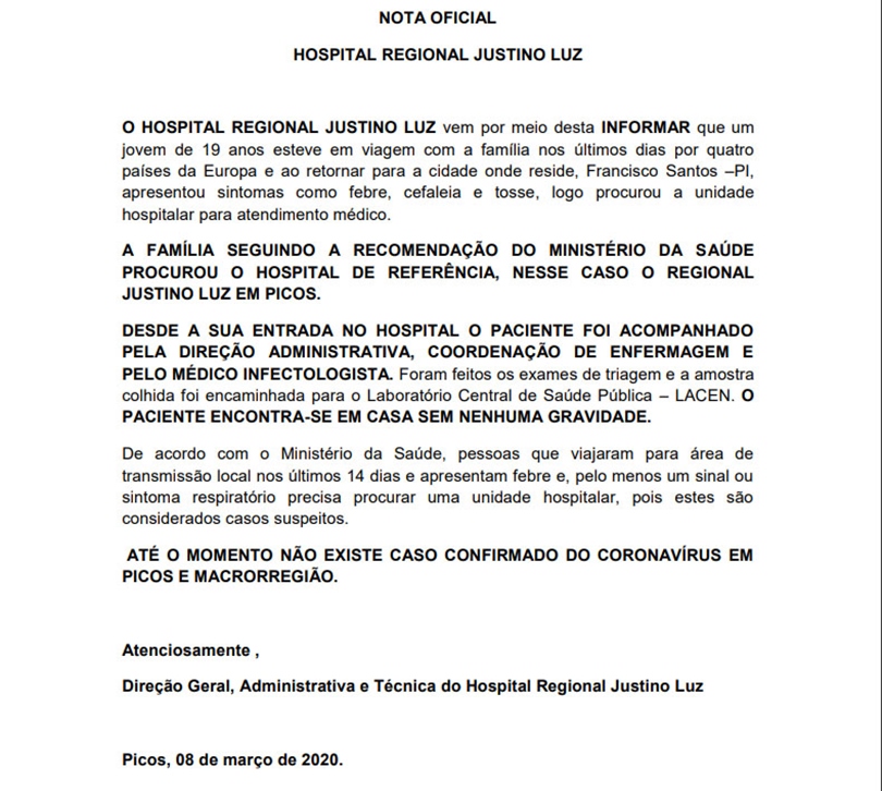 Nota do Hospital Justino Luz