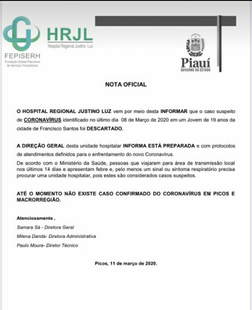 Hospital Justino Luz descarta caso suspeito de coronavírus em Picos