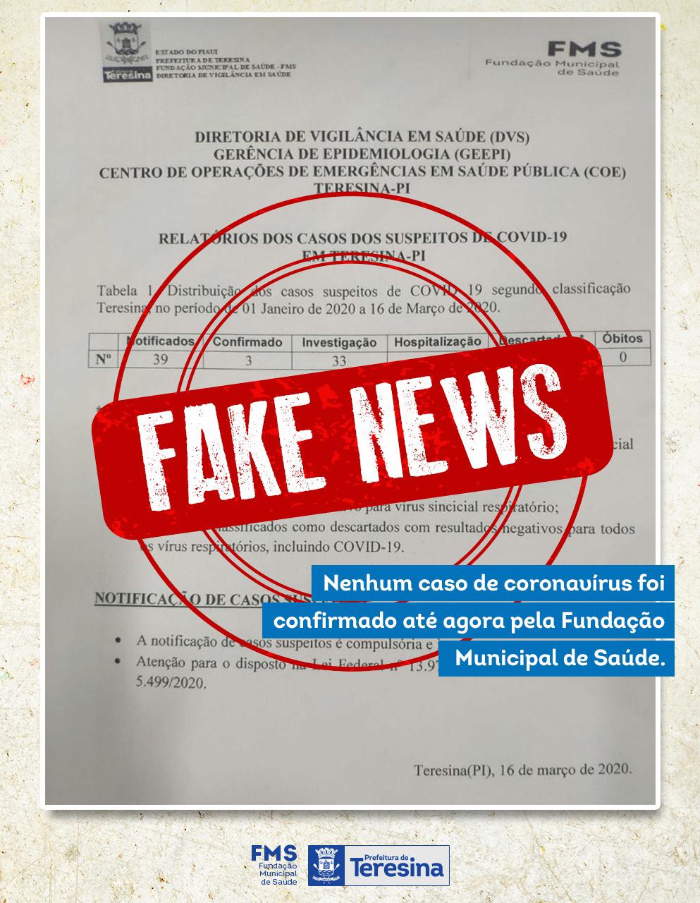 FMS desmente caso confirmado de coronavírus em Teresina