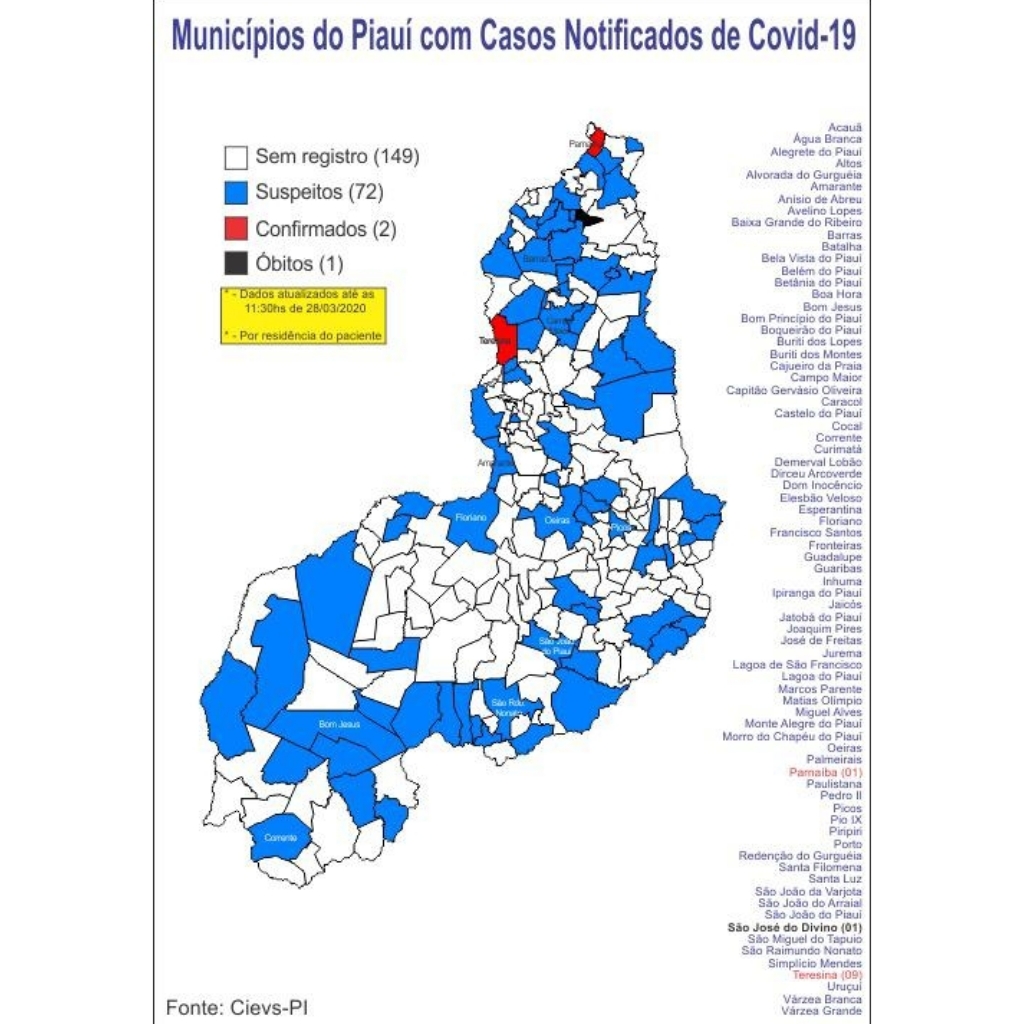 Lista das cidades com casos suspeitos da covid-19