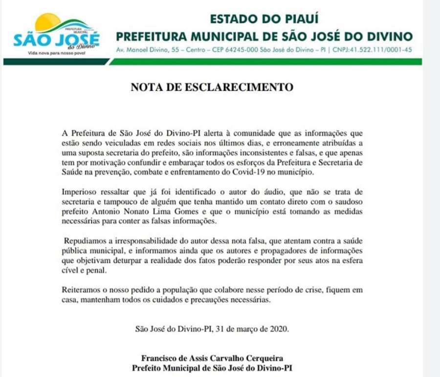 Nota de Esclarecimento da Prefeitura de São José do Divino