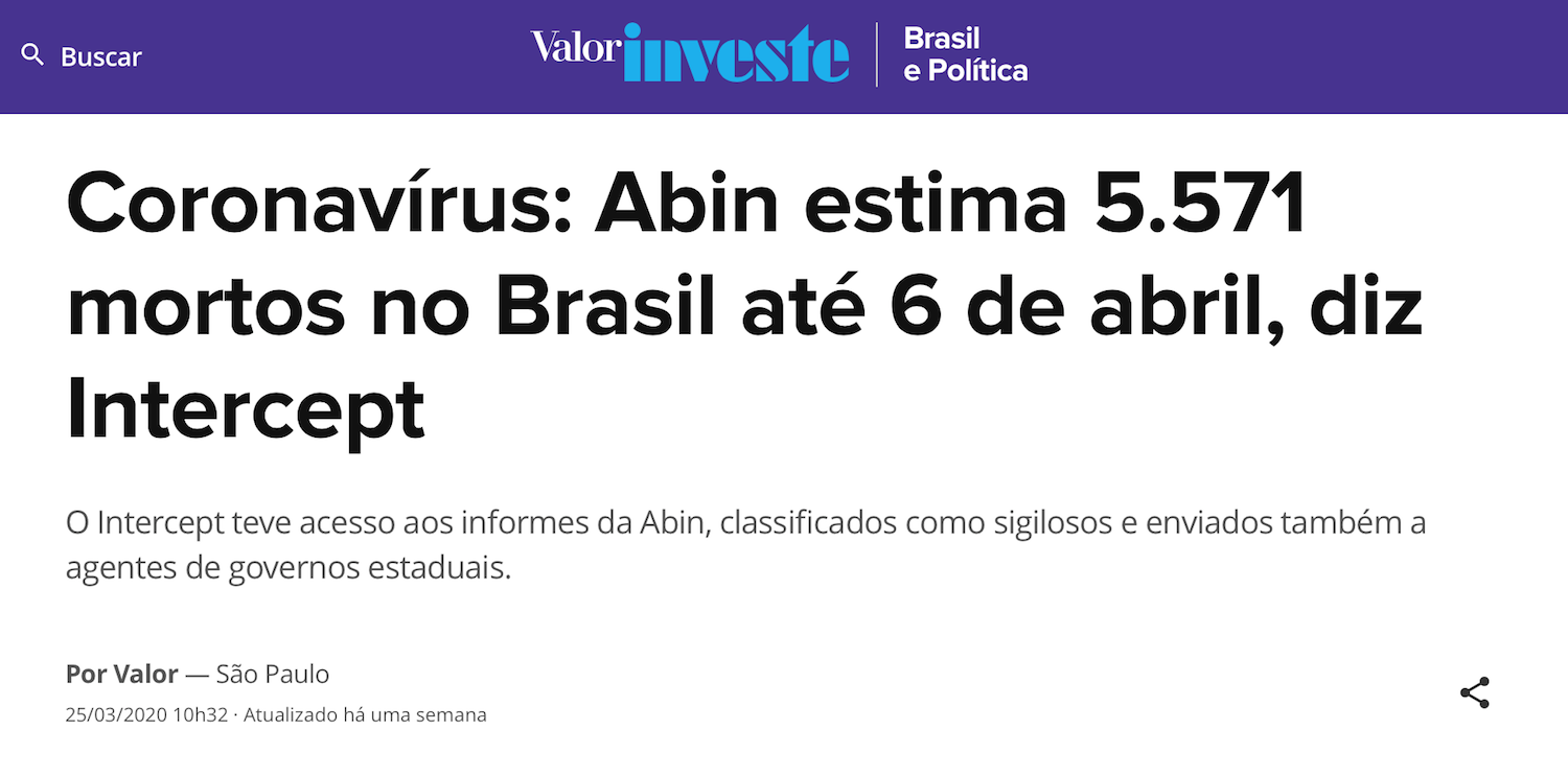 Reportagem diz que mais de 5 mil pessoas iriam morrer de coronavírus até 6 de abril no Brasil