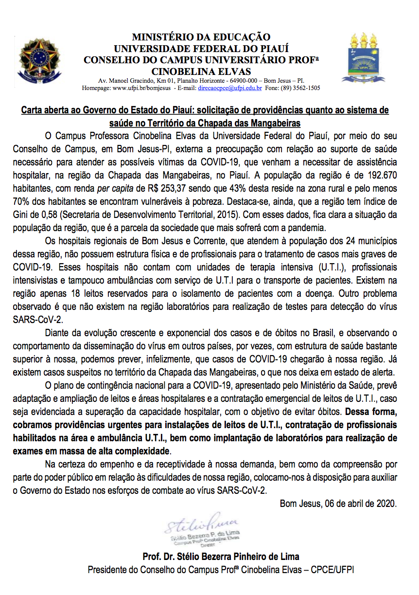 Carta de professores da UFPI de Bom Jesus para o governador Wellington Dias