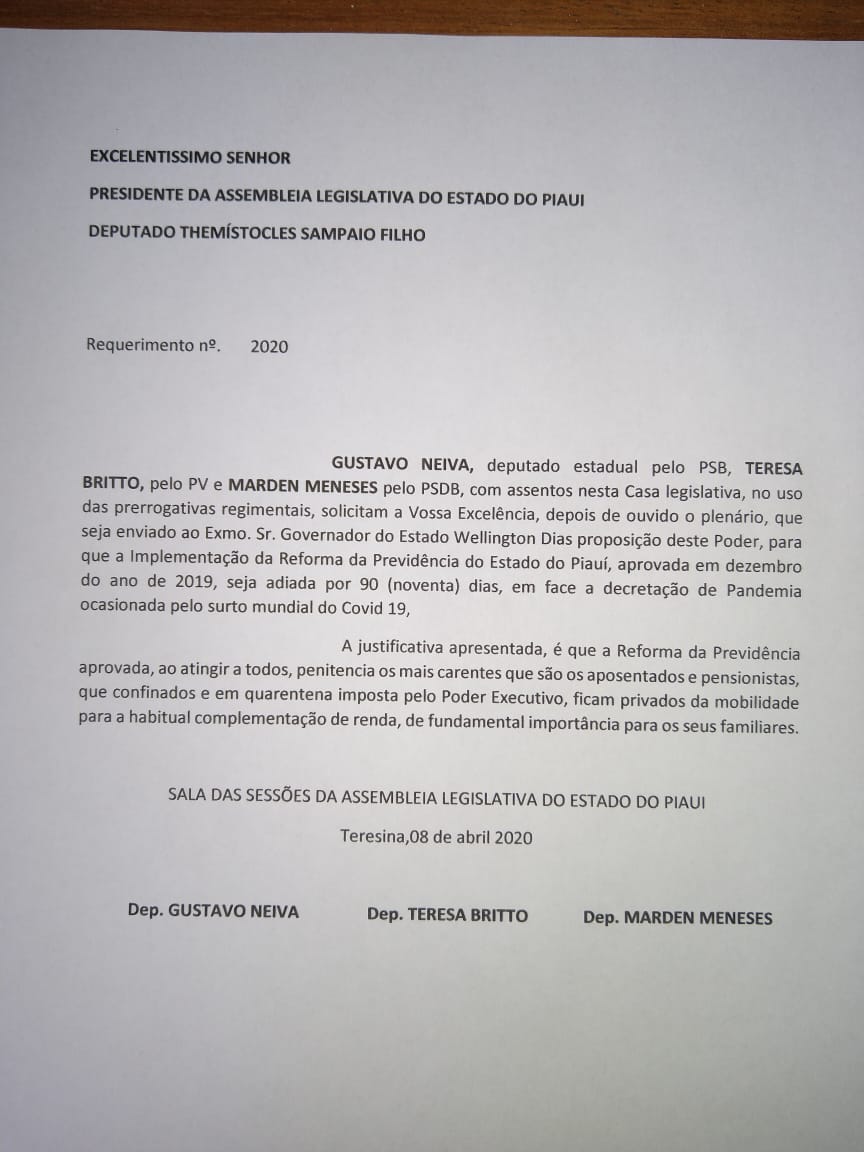 Requerimento solicitando adiamento das novas regras da previdência estadual