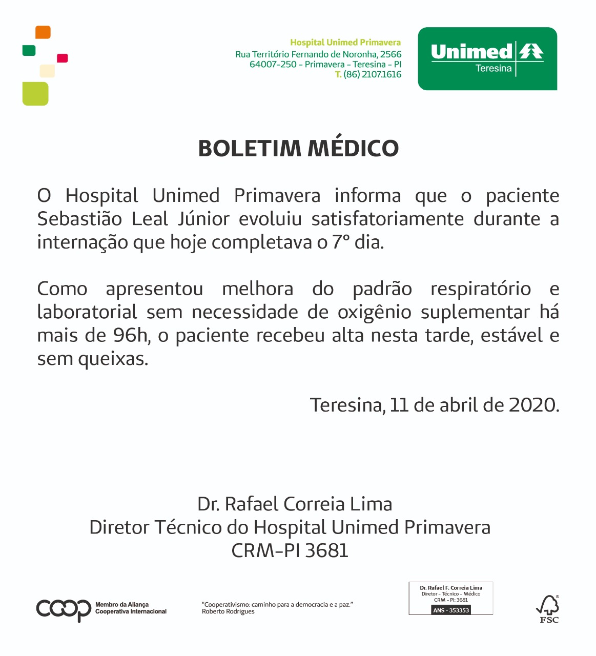 Leal Júnior recebe alta médico após testar positivo para covid-19