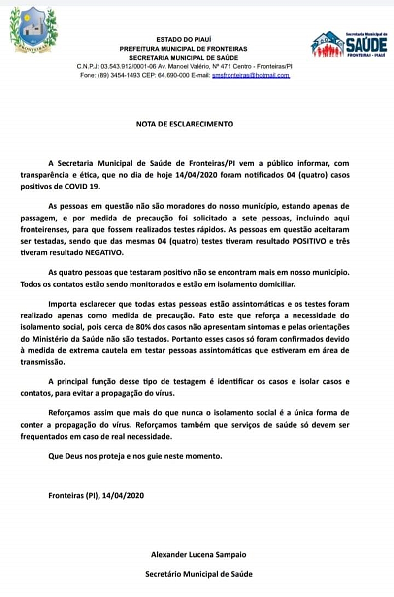 Nota de esclarecimento da Secretaria de Saúde de Fronteiras