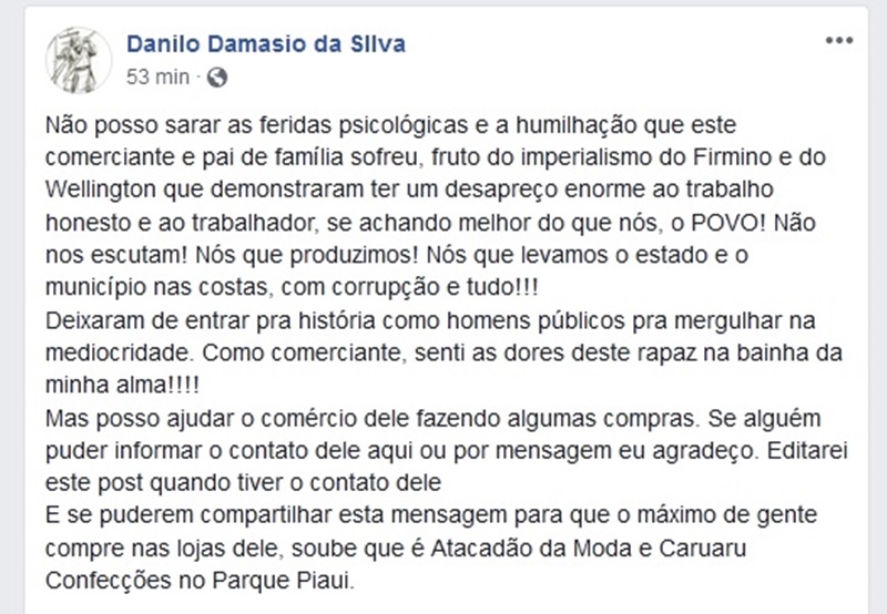 Danilo Damásio se solidariza com empresário preso e humilhado em Teresina