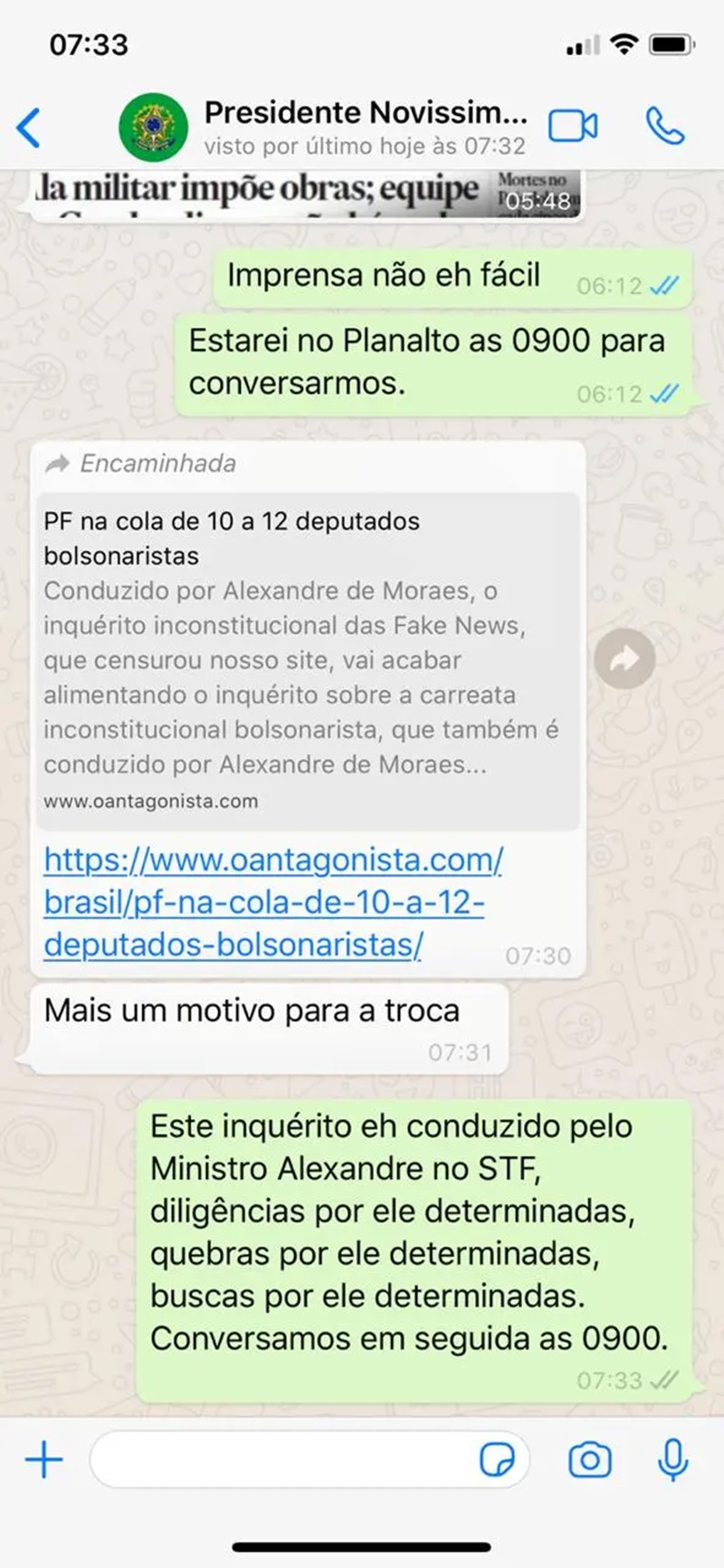 Troca de mensagens entre Sérgio Moro e Bolsonaro 