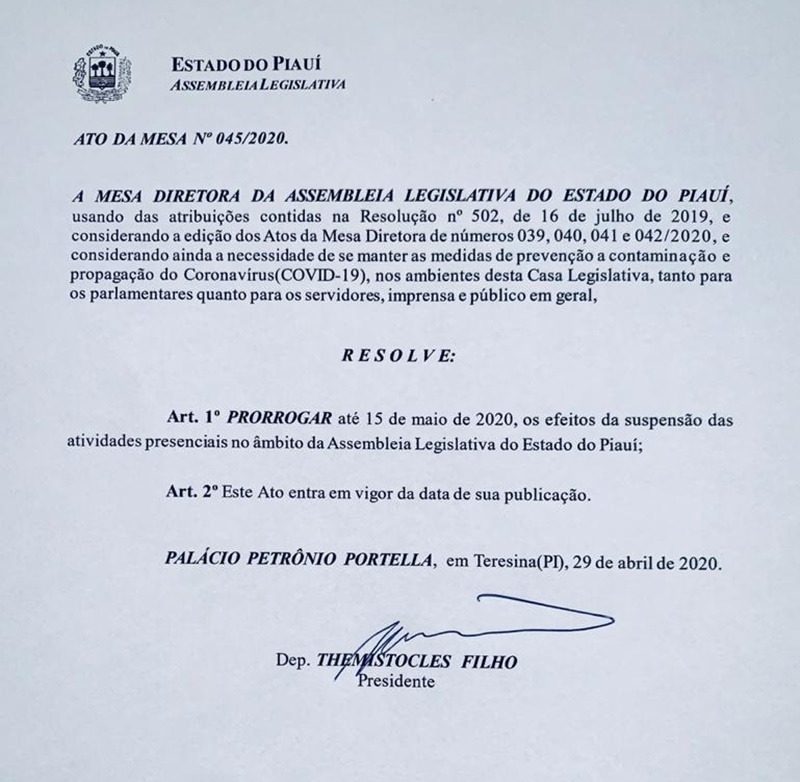 Themístocles prorroga suspensão de atividades na Alepi 