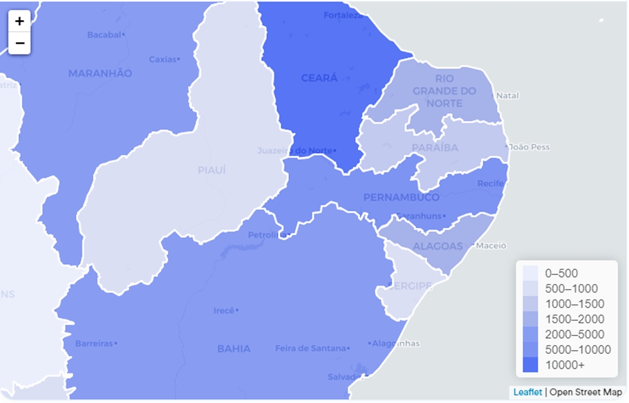 Estados do Nordeste com maior número de casos de covid-19 por intensidade de cor