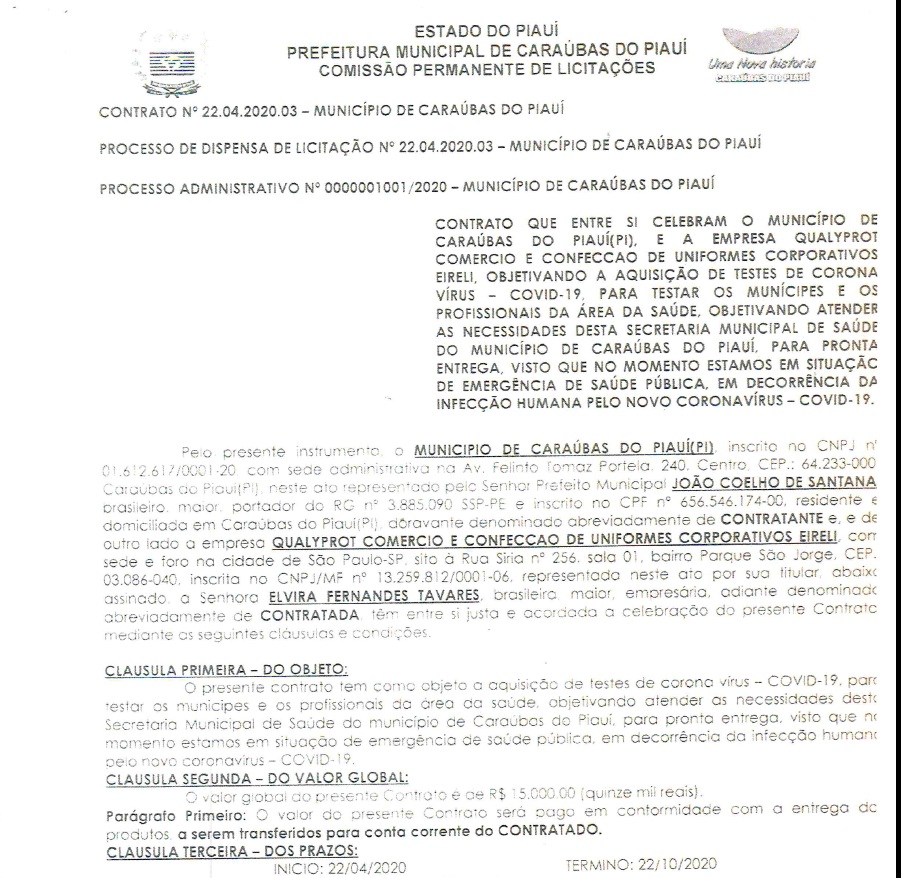 Contrato da Prefeitura de Caraúbas do Piauí com a Qualyprot