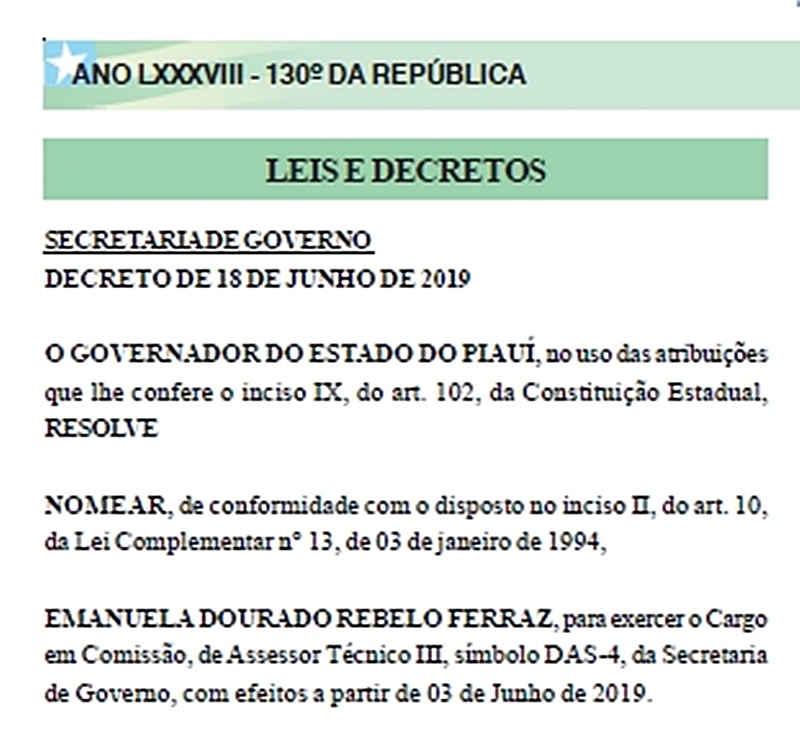 Decreto do Governo do Piauí com a nomeação de Emanuela Ferraz