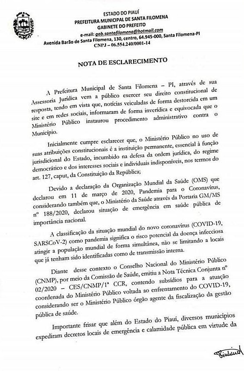 Nota de esclarecimento da Prefeitura de Santa Filomena