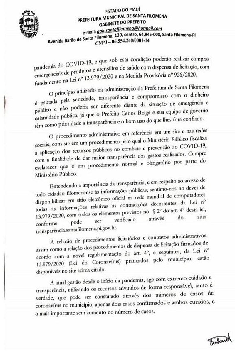 Nota de esclarecimento da Prefeitura de Santa Filomena