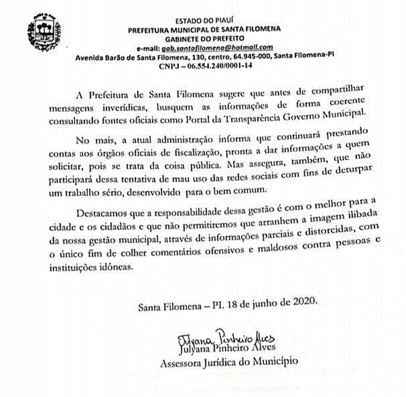 Nota de esclarecimento da Prefeitura de Santa Filomena