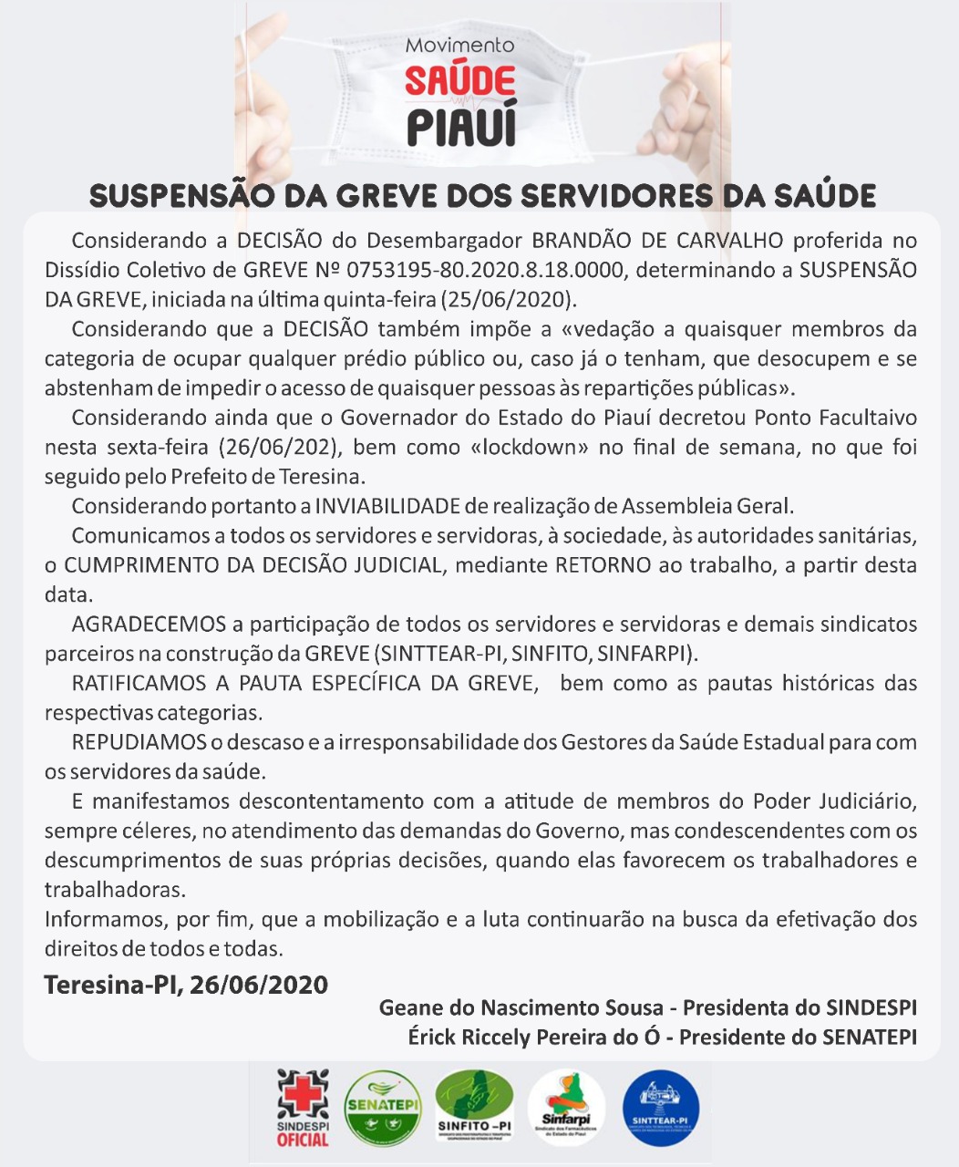 Servidores da Saúde do Piauí suspendem greve após decisão judicial